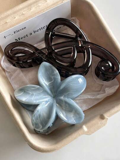 2个蓝色花朵和音符发爪夹，防滑强力醋酸纤维发夹，Y2K美学发饰，适合日常和派对佩戴