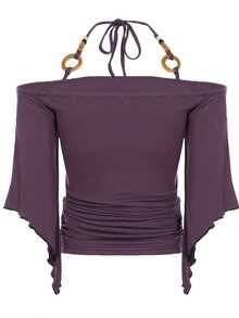Sexy Off-Shoulder Ringed Wooden Beaded Halter Top For Women With Bell Sleeves, Irregular Niche Hot Girl T-Shirt, Ruched Slim-Fit  Style - 紫色 - 查看 7
