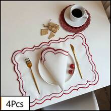 1/2/4/6pcs Wavy Floral Embroidered Solid Color Rectangular Placemats, Fresh Minimalist Style For Kitchen, Dining Table, Cups, Bowls, Non-Slip Pads, Suitable For Holidays, Parties, Birthdays, Weddings, Banquets, Office Desks, Coffee Tables, Home Decor, All Seasons Photography Background - Red - View 7