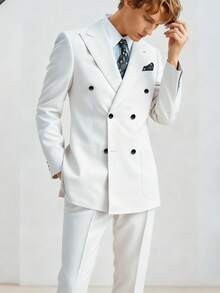 Men's Suit Set, Double Breasted Suit Jacket+Pants Two-Piece Set, Suitable For Business Banquet Dress Set - 白色 - 查看 1