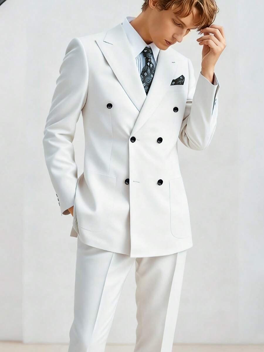 Men's Suit Set, Double Breasted Suit Jacket+Pants Two-Piece Set, Suitable For Business Banquet Dress Set - 白色 - 查看 1