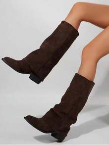 Suede Knee-High Boots For Autumn/Winter, French Style With Chunky Heel And Pointed Toe. Ref 9002 - 咖啡棕 - 查看 8