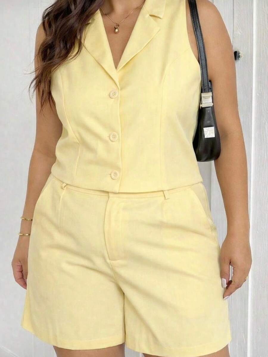 MICHLEE Women's Plus Size Set With Sleeveless Vest And Tailored Shorts - 黃1 - 查看 1