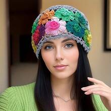 A Women's Multi-Color  Bohemian Crochet Hat, New Spring/Summer Style, Artistic Colorful Floral Hollow-Out Headwrap, Knitted Wool Hat, Beanie (Flower Color Random) - Khaki 1 - View 7