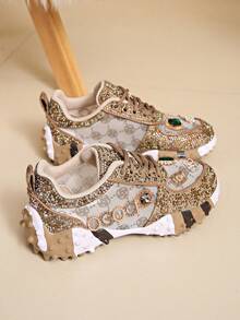 LiangJingJing Sepatu Sneakers Wanita Bertautan Rhinestone Berkilau dengan Sol Platform Empuk untuk Pemakaian Kasual Sehari-hari - Khaki - View 4