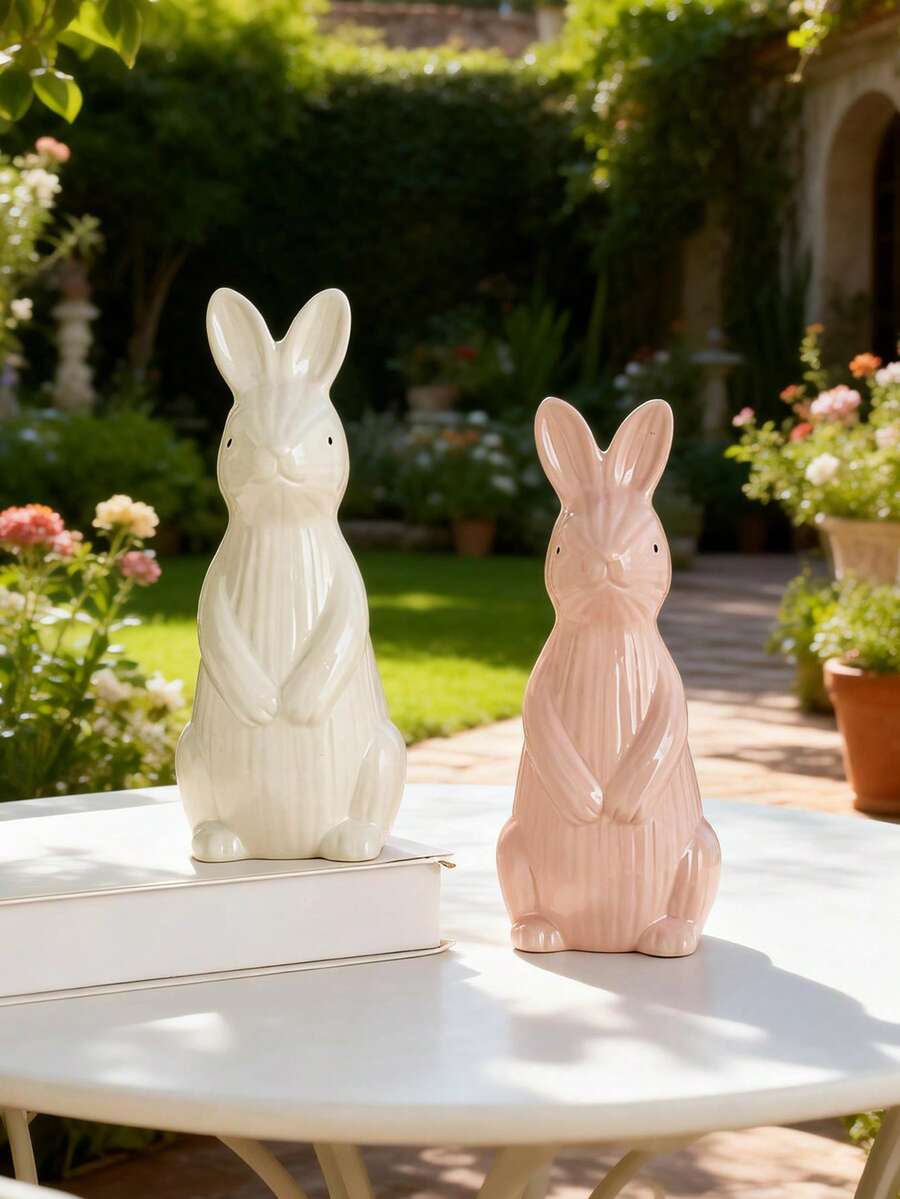 1 peça de coelho de cerâmica, artesanato em cerâmica, estilo desenho animado, design criativo, decoração para jardim externo, ideal para varanda, terraço, jardim, quintal, feriados e festas. - 1 peça - Ver 1