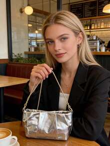 Women's Metallic Silver Ruched Cloud Bag, Mini Chain Crossbody & Shoulder Bag, Evening Clutch Purse For Party Date - Multicolor - View 5