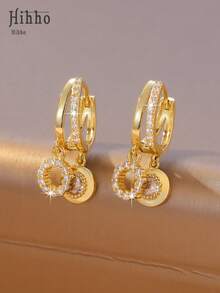 Hihho 1 Pair Zirconia Encrusted Double Hoop Earrings, Charming & Versatile Luxury Earrings For Women - Round - View 4