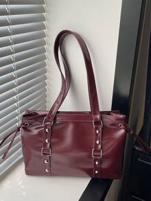 1 chiếc túi tote cỡ lớn kiểu cổ điển, túi đeo vai ngoại cỡ dành cho người đi làm, túi xách nữ màu đỏ rượu vang thời trang kiểu xe máy, chất liệu da PU phủ sáp dầu màu trơn, dây đeo trang trí, khóa kéo, màu đỏ tía, túi đeo vai nữ công sở ngoài trời, ba lô sinh viên, thích hợp cho chuyến đi ngắn ngày, kỳ nghỉ, quà tặng, ngày Valentine, quà lưu niệm, quà tặng cho bạn gái, quà sinh nhật, mua sắm, công tác, lựa chọn tốt nhất, phù hợp sử dụng hàng ngày. - Màu Đỏ Sâu - Xem 8