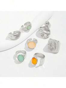 6pcs Vintage Elegant Bohemian Style Women Irregular Pleated Colorful Gemstone, Cat Eye Stone, Sunflower, Heart Shaped Multi-Element Combination Metal Ring Set, Suitable For Women's Daily, Party, Wedding, Holiday, Valentine's Day, Date Wear, Gift (Random Delivery) - 金色 - 查看 5