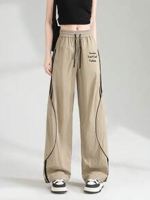 2026 New JUTU Loose Khaki Gray & Black Striped Graphic Print Casual Sweatpants, Comfortable Wide Leg Pants For Women, Suitable For Spring, Summer, Autumn Party And Gathering - 0A89 Khaki Gray and Black - YH744 Black - View 1