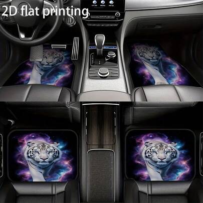 4pcs Car Floor Mats, White Tiger Starry Sky And Space Pattern, Universal Car Floor Mats, Made Of Polyester Fiber, Wear-Resistant, Washable, Car Interior Accessories, Car Decorative Accessories, Suitable For Front And Rear Seats, Easy To Clean, Suitable For All Seasons, Car Floor Mats, Vehicle Decorative Mats, Space-Themed Car Floor Mats, White Tiger Pattern, Durable Polyester Floor Mats, Wear-Resistant Material