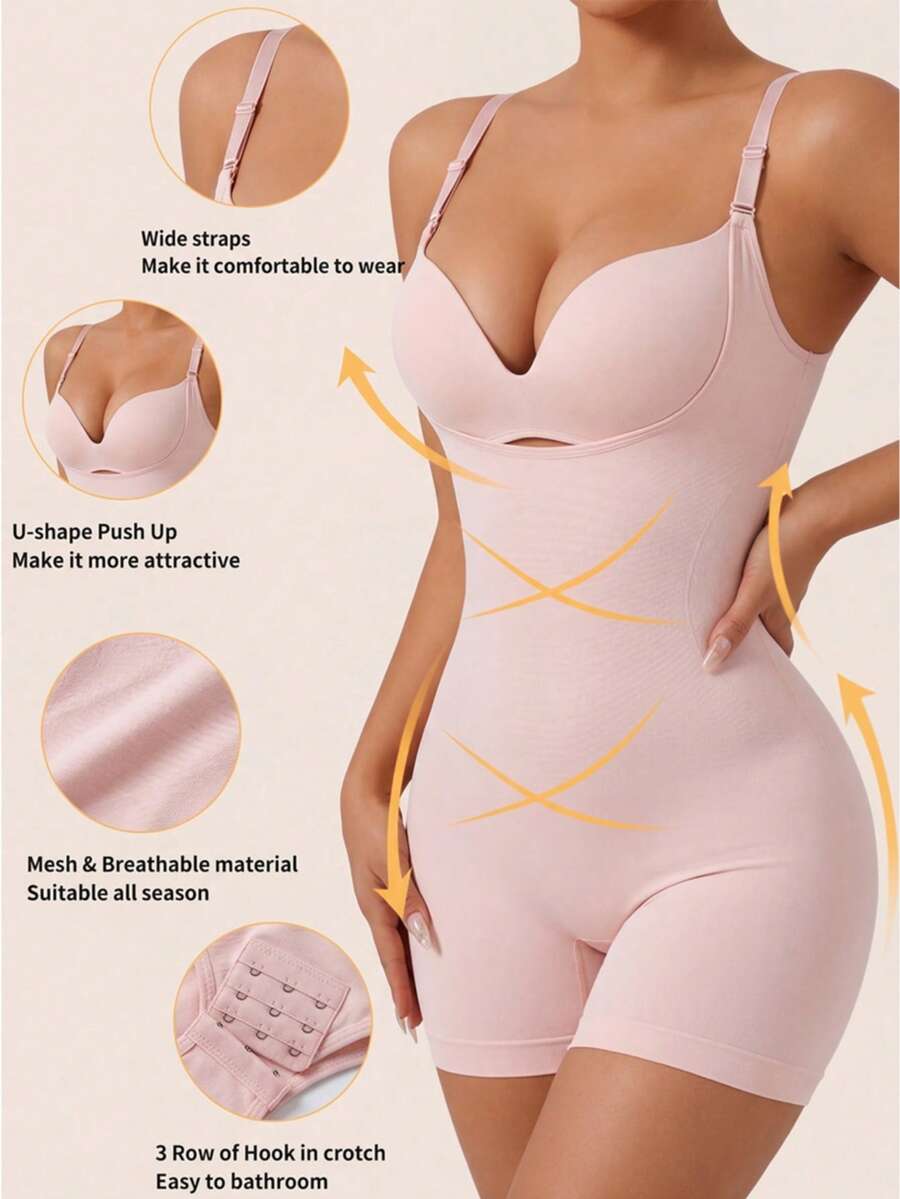 Seamless Shaping Romper Shorts, Shapewear, Sexy Exposed Bust Pink Shaping Garment, Abdomen Slimming Waist Cincher Thigh Slimmer, Elegant Ladies Romper - Pink - View 1