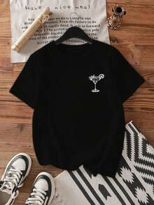 Women's Fitted T-Shirt With Casual Round Neck, Retro Cocktail Print In English, Suitable For Summer, Airport And Everyday Wear - 黑色 - 查看 9