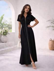 ADD MODA REF AS1962 LONG DRESS WITH BELT AND ZIPPER - 黑色 - 查看 4