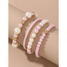 4pcsset Women Elegant Faux Pearl Beaded Bracelets Combination Fashion Party Accessories - Hồng - Xem 1