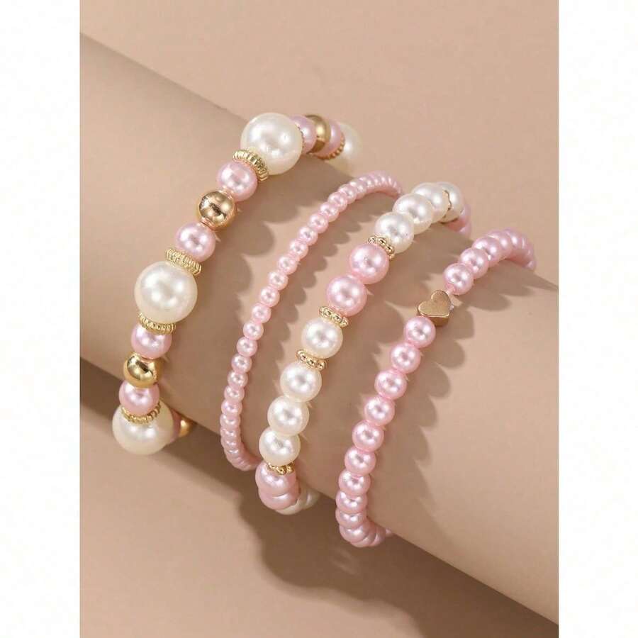 4pcsset Women Elegant Faux Pearl Beaded Bracelets Combination Fashion Party Accessories - Hồng - Xem 1