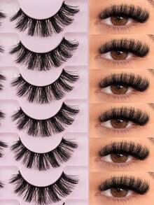 7 Pairs Cartoon Style, Natural Faux Mink, Transparent Band, Y2K Style, 3D Long Cat Eye, Natural Thick Eyelash Extensions, Makeup Tools - Black - View 1