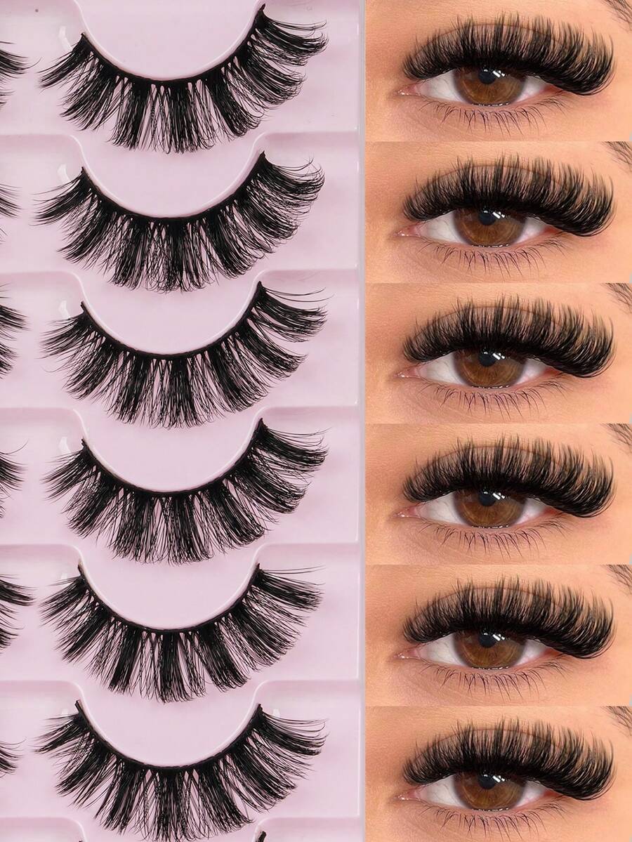 7 Pairs Cartoon Style, Natural Faux Mink, Transparent Band, Y2K Style, 3D Long Cat Eye, Natural Thick Eyelash Extensions, Makeup Tools - Black - View 1