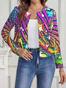 Rainbow Star And Wave Print Women's Round Neck Short Long-Sleeve Jacket, Polyester Fiber Fabric, Lightweight And Breathable, Women's Clothing, Regular Women's Clothing, Women's Outerwear, Women's Regular Outerwear - Nhiều màu - Xem 1