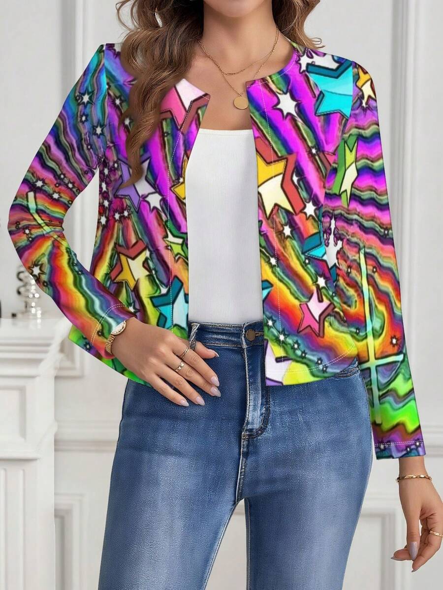Rainbow Star And Wave Print Women's Round Neck Short Long-Sleeve Jacket, Polyester Fiber Fabric, Lightweight And Breathable, Women's Clothing, Regular Women's Clothing, Women's Outerwear, Women's Regular Outerwear - Nhiều màu - Xem 1