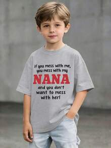 Young Boys' Street Style Fashionable Printed Round Neck Pullover T-Shirt With Slogans For Summer - Grey - View 7