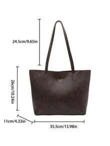 2pcs Women's Solid Color Quilted Lining Tote Bag, Fashion Large Capacity Shoulder Bag With Snap Closure, Casual Street Style For Photography, Daily Commute - Coffee Brown - View 5