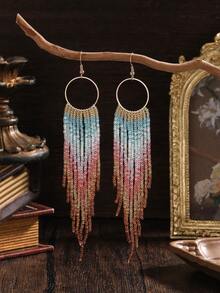 SOUL BEADING Pendientes de borla con cuentas hechos a mano, pendientes de aro con patrón geométrico degradado de estilo bohemio vintage, pendientes elegantes de uso diario versátil, adecuados para vacaciones, fiestas, regalos festivos para mujeres - Multicolor - Ver 6