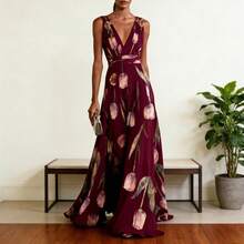 Women's Deep V-Neck Floral Print Swing Midi Dress Casual A-Line Flowy Dress For Daily Beach Vacation Date Night - 酒紅色 - 查看 7