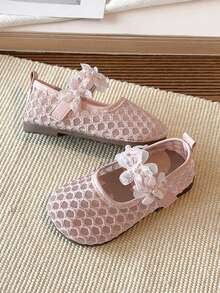 1 Pair Girls' Mesh Floral Hollow Breathable Casual Flat Shoes, Versatile Fashion Loose Toe Box Comfortable Daily Wear, Spring/Summer - Pink - View 2