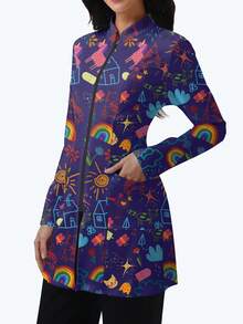 cimmuovere Women's Printed Zip-Up Scrub Jacket With Pockets, Workwear For Nurse, Dentist, Healthcare, Pet Hospital, Laboratory Vacation Spring - Navy Blue - View 1