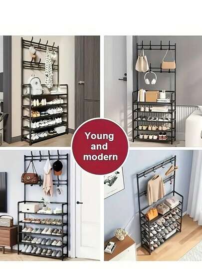 23.62 Inch/172cm 5-Tier Multifunctional Storage Rack, 8 Double Hooks, Multipurpose Clothes Hanger And Shoe Rack, DIY Shoe Rack Storage Box, For Living Room, Bathroom, Hallway