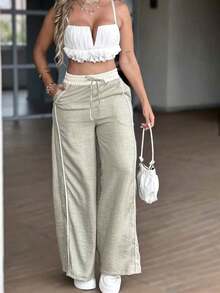 Y2K Light Greenish-Gray High Waist Wide Leg Pants, Loose Casual Trousers With Drawstring, European & American Style, Versatile & Slimming Straight Leg Pants Spring/Summer - Mint Green - View 3
