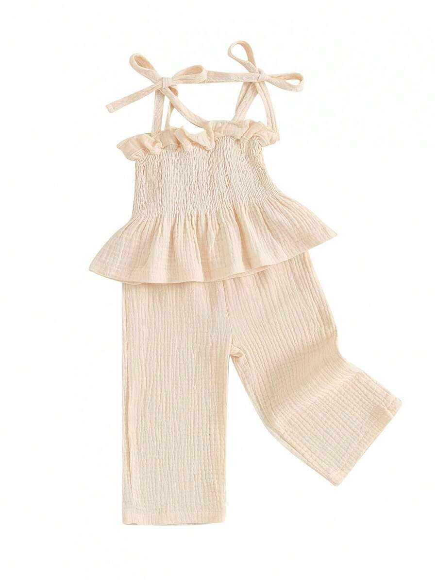 Toddler Baby Girls Clothes Solid Color Sleeveless Camisole Linen Pants Set Baby Summer Outfits/Newborn Summer Clothes For Girls/Little Girl Summer Clothes - 杏色 - 查看 1