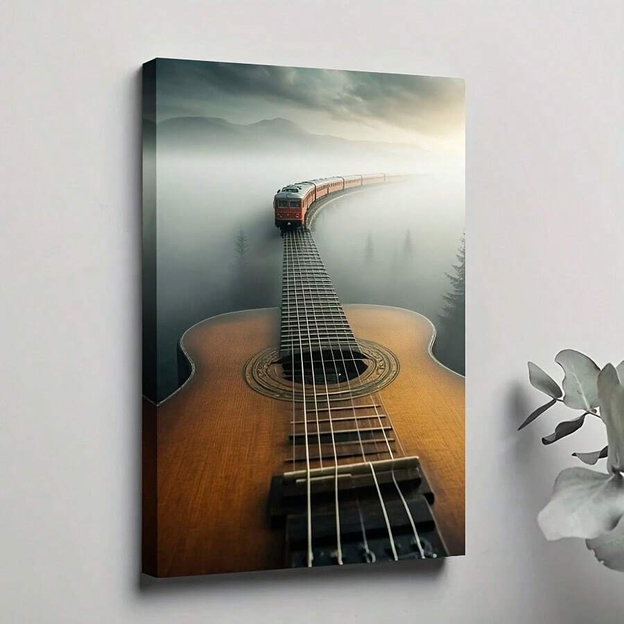 1Pc Framed Canvas Painting, Dream Of Train And Guitar In The Mist, Thickness 2.25cm/1inch High Quality Wall Art Print Poster Direct Hanging Home Decor Gifts, Living Room, Bathroom, Bedroom, Kitchen, Bar, Office, Room Decor - 多色 - 查看 1
