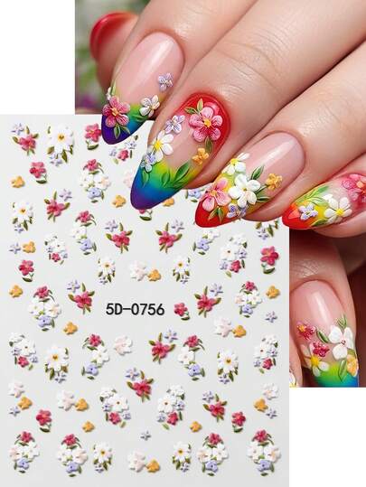 1 pieza Pegatinas de uñas 5D con mariposas y flores en relieve, calcomanías de arte de uñas con flores y margaritas autoadhesivas, decoración de uñas pastel para manicura de primavera
