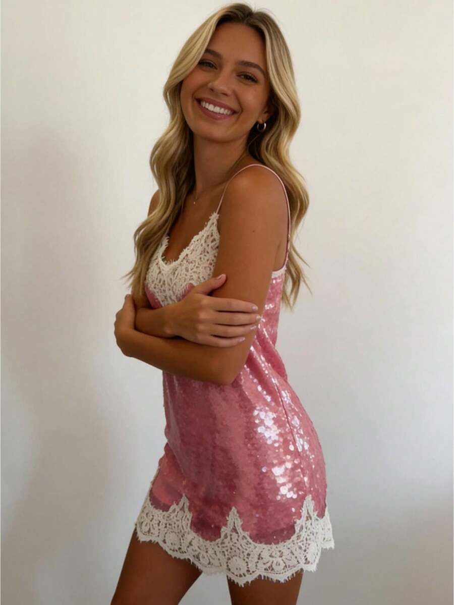 Women Y2k Sequin Mini Dress Sparkly Sleeveless Lace Trim V Neck Slip Short Dresses Glitter Going Out Clubwear - Hồng - Xem 1