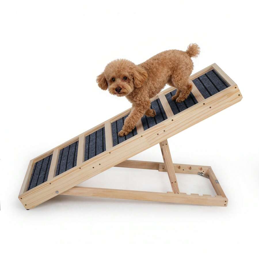 Folding Dog Ramp, Wooden Portable Pet Ramp With Anti-Slip Strips,4 Height Adjustable From 16" To 24", Dog Stairs For Bed, Car, Couch, Truck SUV, 132Lbs Capacity