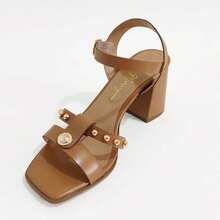 Sandália Feminina Salto Bloco 8cm a Laser com Fivela Confortável Moda Elegante Festa Casual - cappuccino - Visão 4