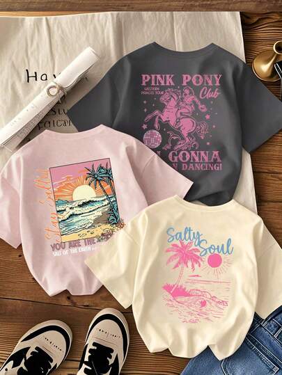 3 件女童印花圆领短袖 T 恤，适合青少年和学生的休闲夏季上衣