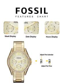Fossil Đồng hồ nữ Foosil Quartz, vỏ thép không gỉ, dây đeo thép không gỉ, máy cơ thạch anh, chống nước, thích hợp cho các buổi gặp gỡ hàng ngày và các dịp khác /ES3203 - Vàng - Xem 6