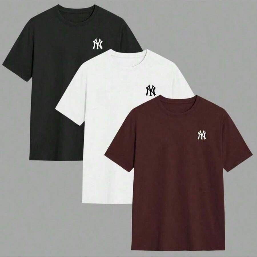 Set Of 3 Men's T-Shirts, 100% Cotton, Crew Neck, Comfortable, Various Colors, Immediate Shipping - 鏽棕色 - 查看 1