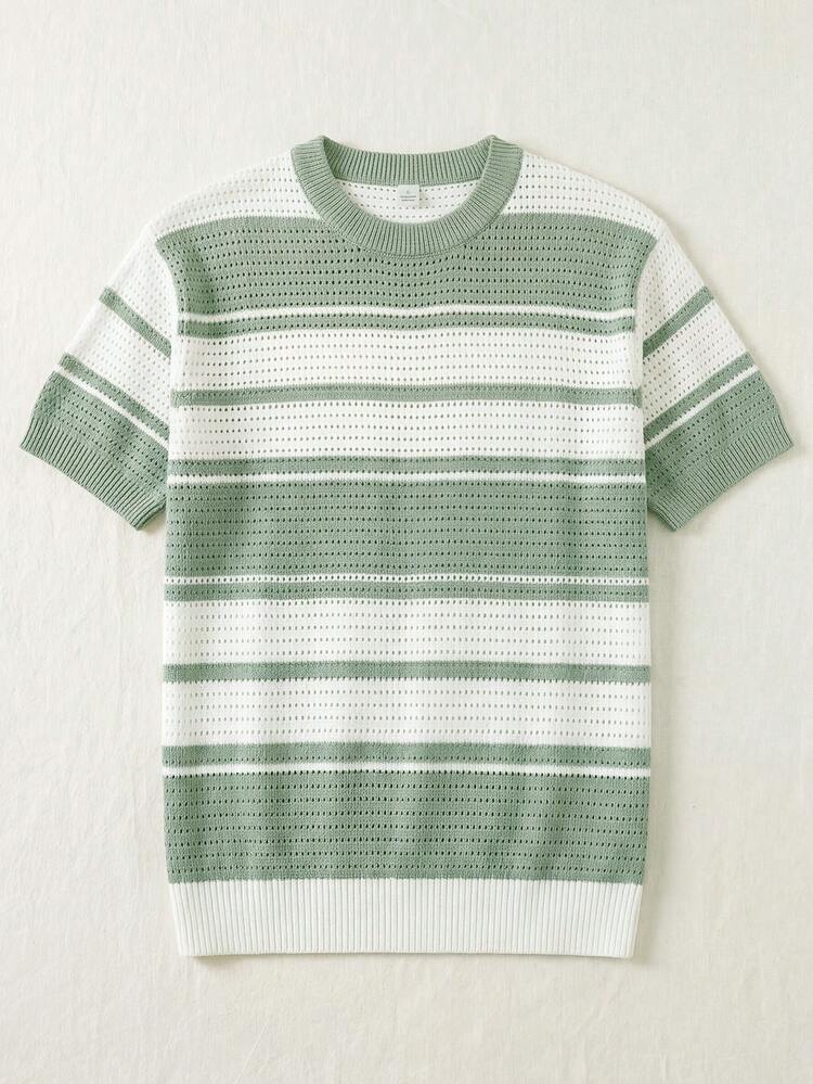 Men's Casual Striped Knit Sweater, Breathable Hollow-Out Short Sleeve Top - Mint Green - View 8