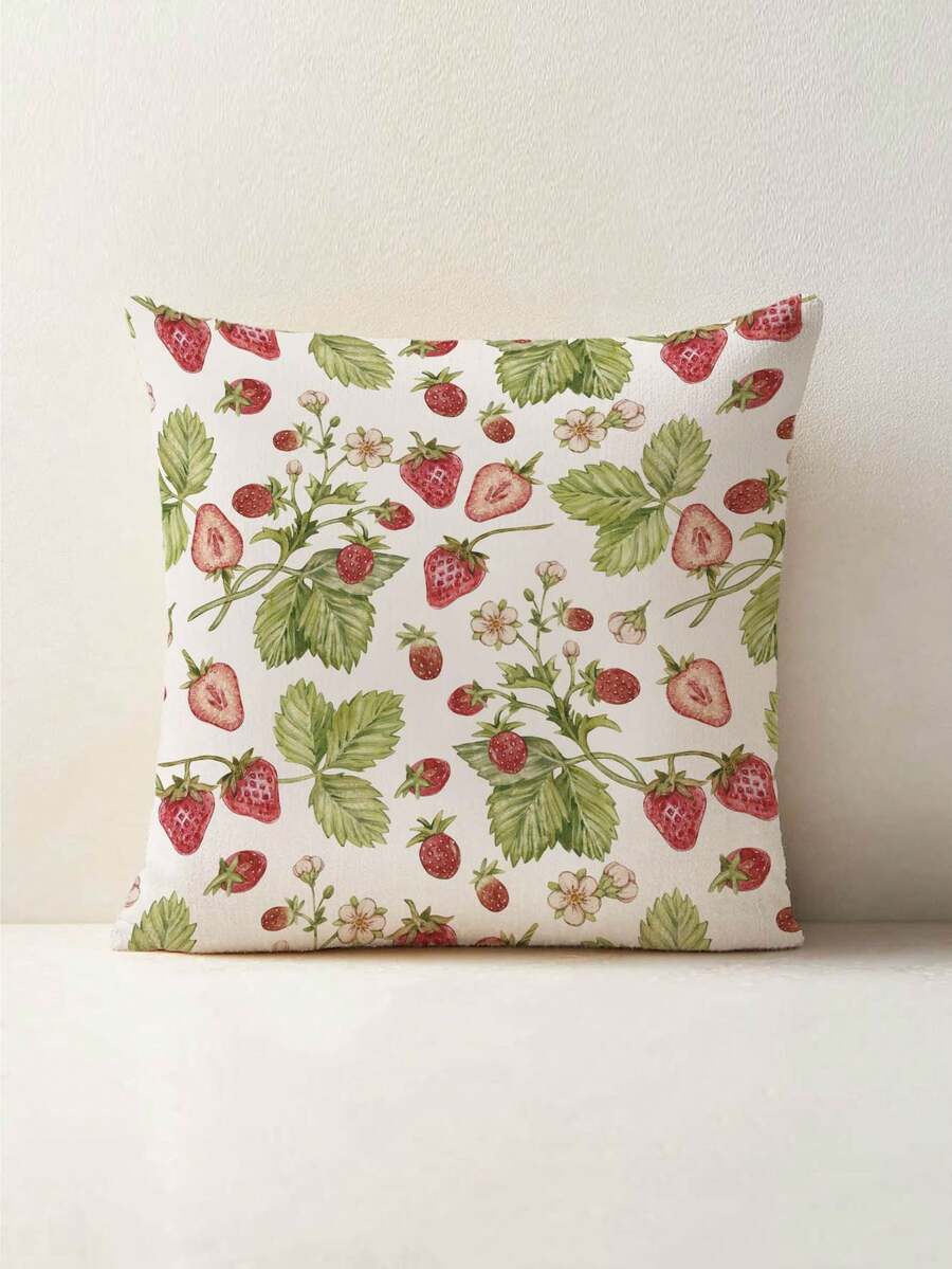 1 pieza Funda de cojín con estampado de fresa en estilo vintage campestre, funda de almohada cuadrada de felpa con estampado creativo, adecuada para sala de estar, dormitorio, decoración del hogar, cojín de sofá, cojín de coche, para todas las estaciones - Multicolor - Ver 1