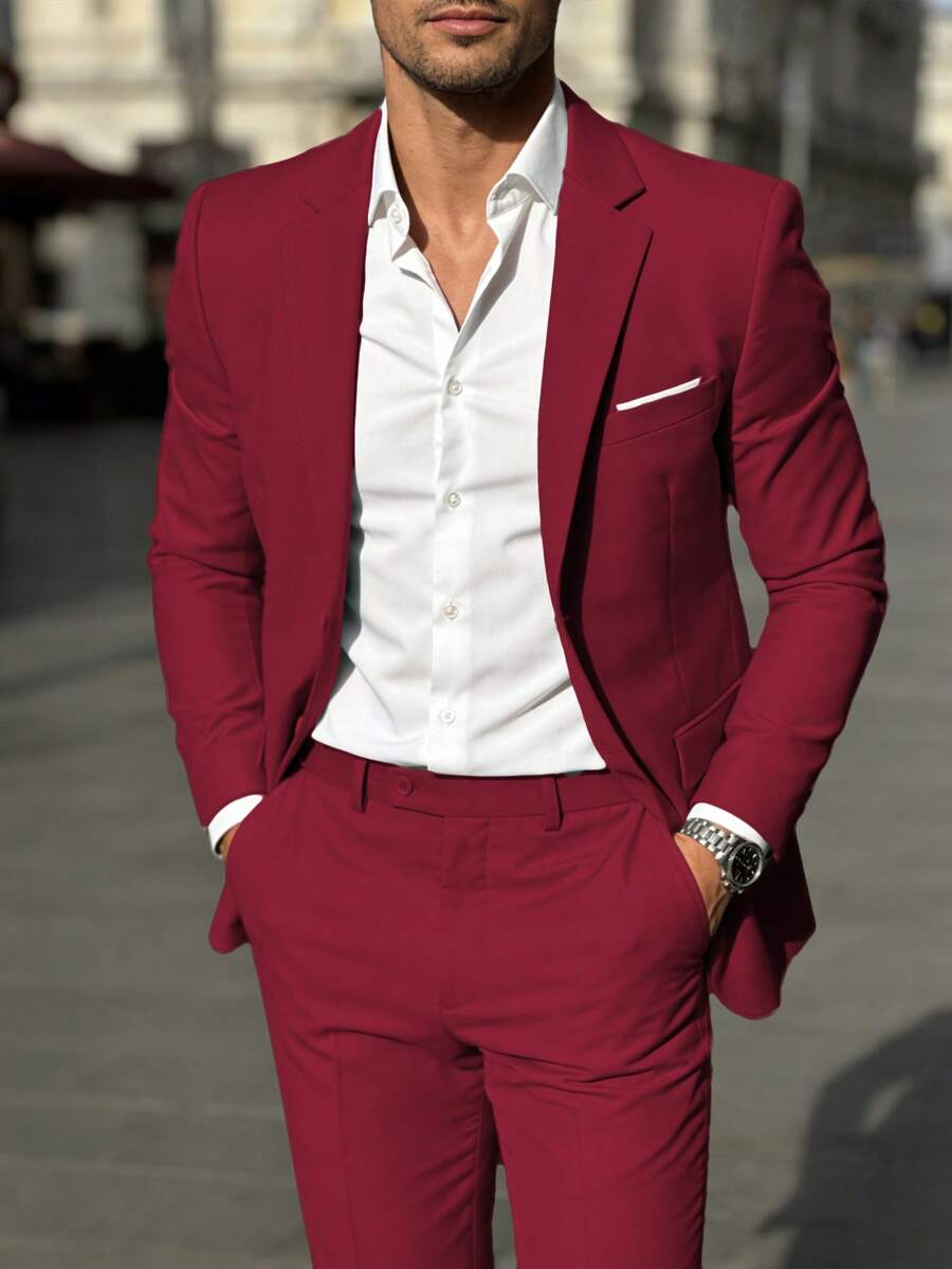 Burgundy Men's Suit, Single Breasted Jacket Trousers Mens Suit 2 Pieces Special Occasions Formal Suit Slim Fit Casual Tuxedo Formal Suits Set For Men Wedding Business Party - Màu Đỏ Sâu - Xem 1