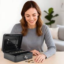 10 Inch Black Metal Cash Box, Lockable Money Organizer With Coin Tray - Portable - View 4
