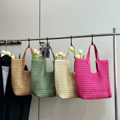 Túi tote hình chữ U đan tay bằng rơm, túi đan, quai xách bằng da PU, khóa nam châm, dung tích lớn, phong cách nghỉ dưỡng Pháp, phù hợp cho đi làm, dạo phố, đi biển, sinh viên.