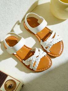 3-12 Years Old Girls' Adjustable Woven Criss-Cross Flat Sandals, White With Contrast Brown Woven Footbed, Handmade Style With Hook And Loop Closure - White - View 2
