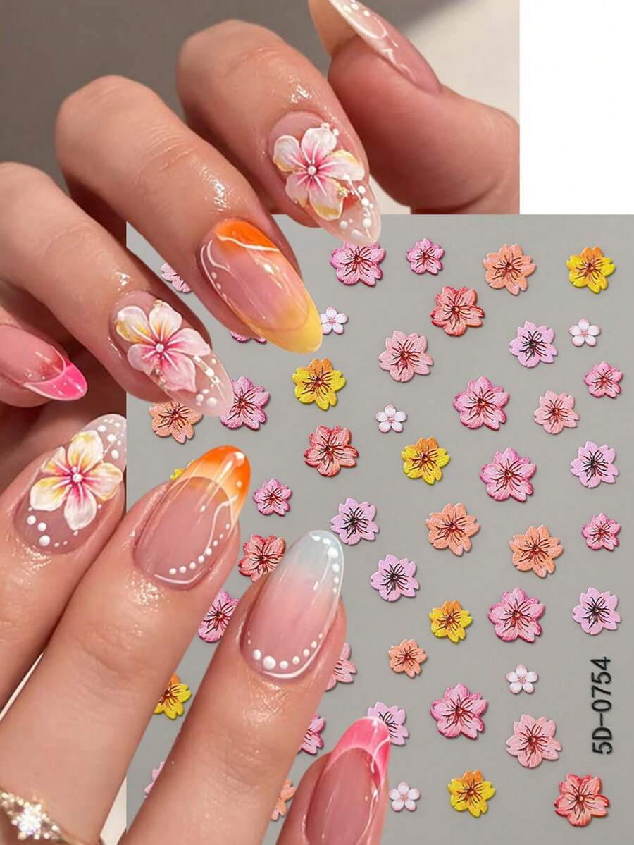 1 pièce Autocollants d'art pour ongles 5D élégants à dégradé de fleurs de cerisier. Mignons et kawaii, pétales de sakura floraux autoadhésifs. Décoration de manucure, fournitures pour ongles