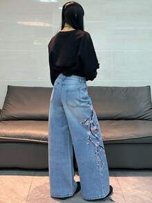 1件女士休闲刺绣宽松直筒牛仔裤，舒适百搭的街头时尚四季裤装（不含腰带/配饰） - 藍色 - 查看 5
